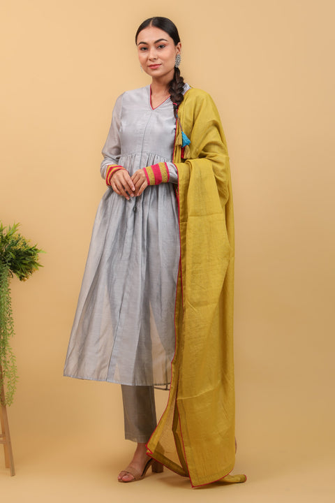 Grey & Lime Yellow Anarkali Kurta Set With Tissue Handloom Dupatta (Set of 3)