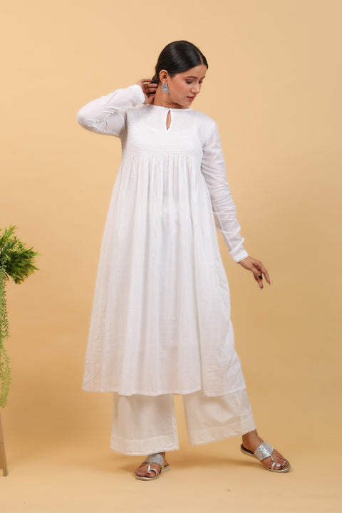 Shop Smocking Anarkali in White Cotton With Silver Stripes and Palazzo (Set of 3) - By Vinusto 

