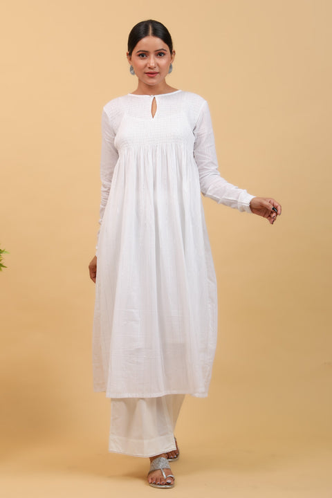 Luxury White Smocking Anarkali, Palazzo in Cotton, With Chanderi Dupatta in Lime Yellow (Set of 4) -  By Vinusto
