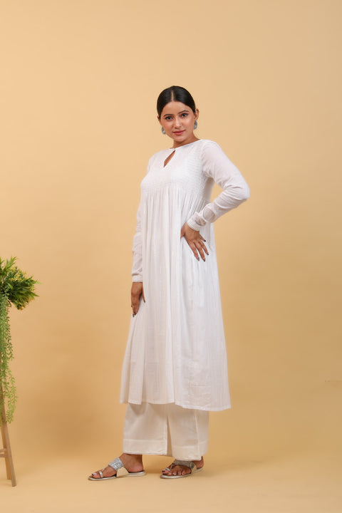 Order Smocking Anarkali in White Cotton With Silver Stripes and Palazzo (Set of 3) - By Vinusto 
