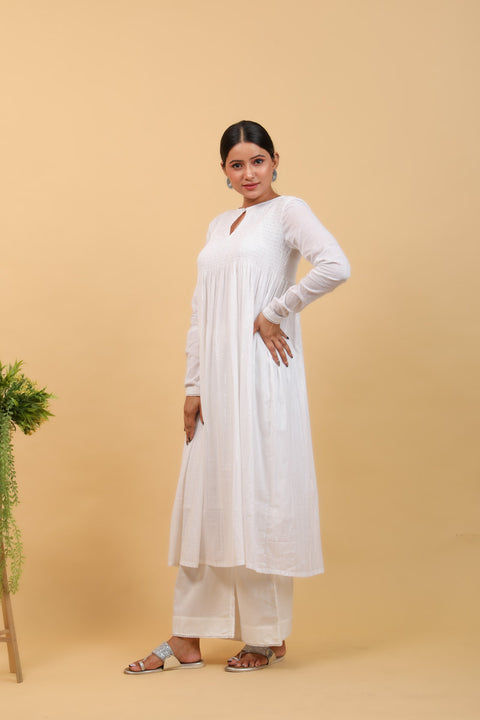 Smocking Anarkali in White Cotton With Silver Stripes and Palazzo (Set of 3)