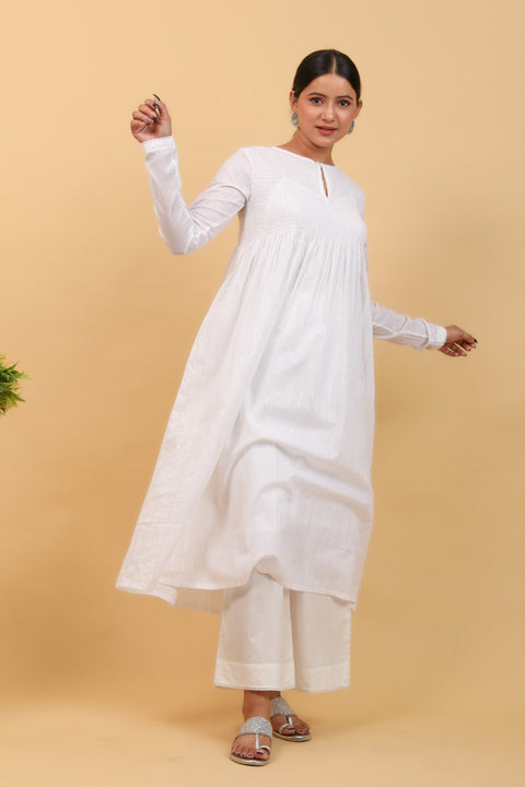Order  White Smocking Anarkali, Palazzo in Cotton, With Chanderi Dupatta in Lime Yellow (Set of 4) -  By Vinusto
