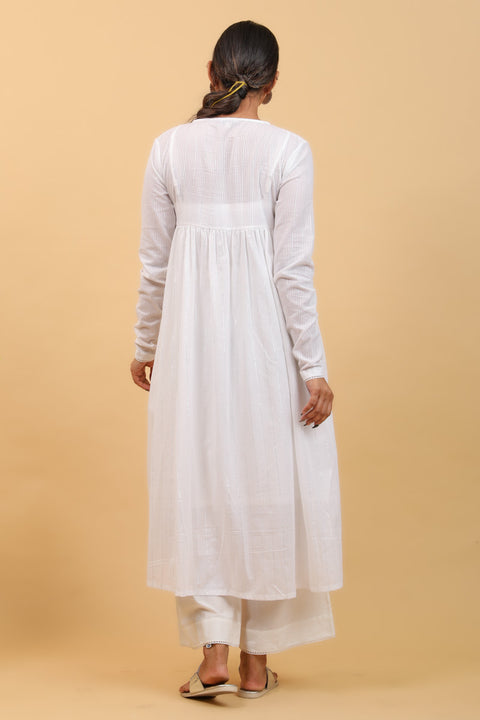 Luxury Smocking Anarkali in White Cotton With Silver Stripes and Palazzo (Set of 3) - By Vinusto 
