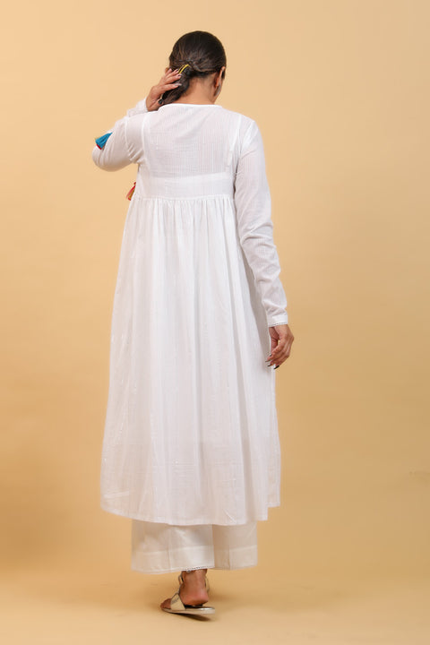 100% authentic White Smocking Anarkali, Palazzo in Cotton, With Chanderi Dupatta in Lime Yellow (Set of 4) -  By Vinusto
