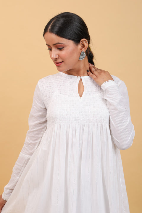 Premium Smocking Anarkali in White Cotton With Silver Stripes and Palazzo (Set of 3) - By Vinusto 

