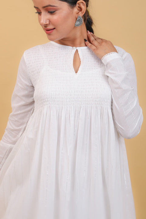 Premium White Smocking Anarkali, Palazzo in Cotton, With Chanderi Dupatta in Lime Yellow (Set of 4) -  By Vinusto
