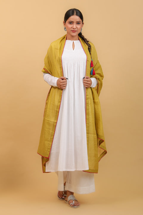 Buy White Smocking Anarkali, Palazzo in Cotton, With Chanderi Dupatta in Lime Yellow (Set of 4) -  By Vinusto
