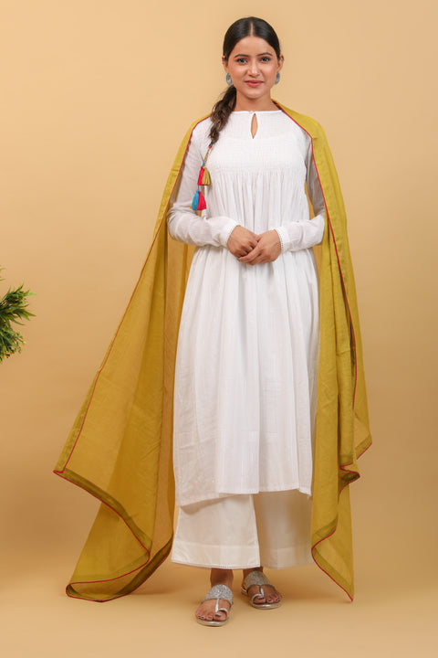 Shop White Smocking Anarkali, Palazzo in Cotton, With Chanderi Dupatta in Lime Yellow (Set of 4) -  By Vinusto
