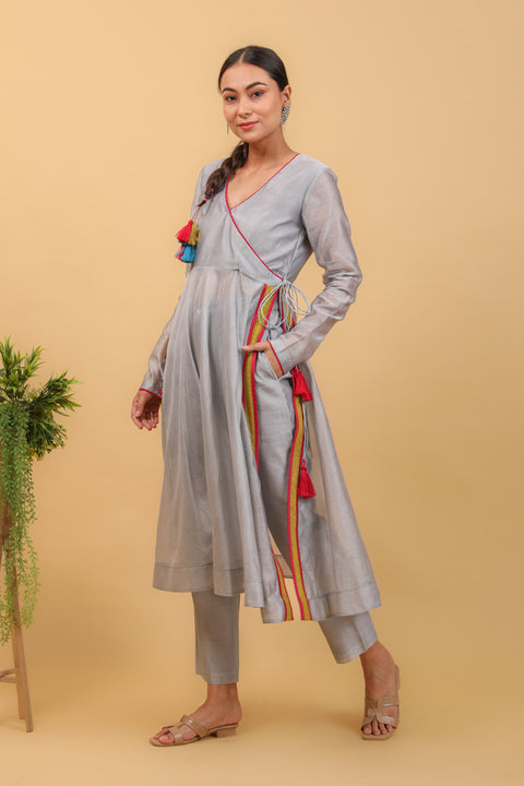Grey Chanderi Handloom Anarkali Set with Pink Chanderi Dupatta and Lace details. (Set of 3)
