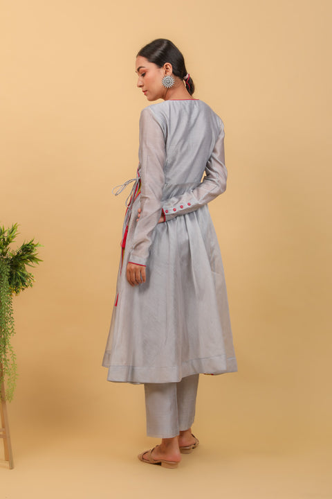 Grey Chanderi Handloom Anarkali Set with Pink Chanderi Dupatta and Lace details. (Set of 3)