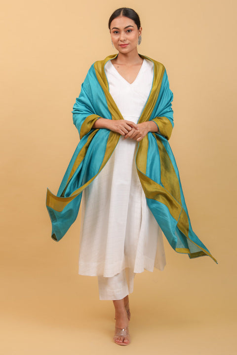 Buy Chanderi Dupatta in Lime Yellow with Aqua Blue Border | Vinusto
