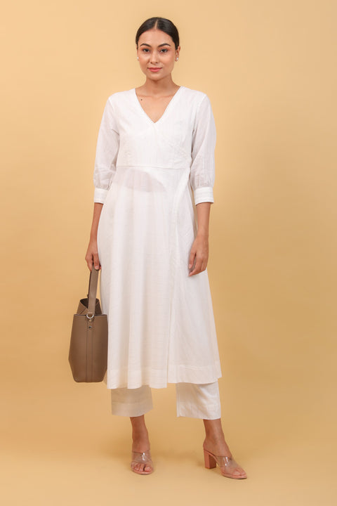 Buy High Slit Anarkali Set in White Cotton With Silver Stripes & Lace Details (Set of 2) - By Vinusto 