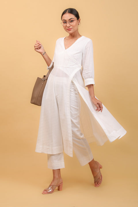 Shop High Slit Anarkali Set in White Cotton With Silver Stripes & Lace Details (Set of 2) - By Vinusto 