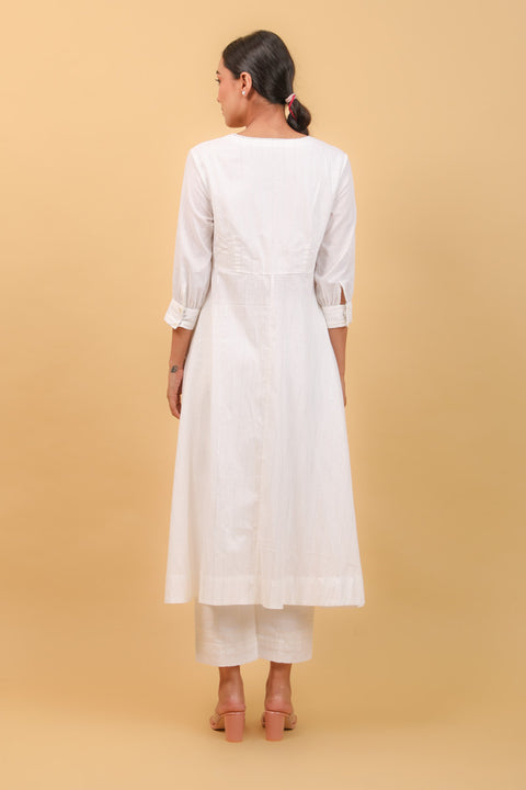 Premium High Slit Anarkali Set in White Cotton with Aqua Blue Chanderi Dupatta (Set of 3) - By Vinusto