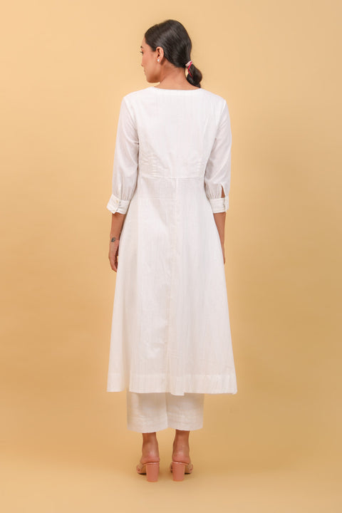 High Slit Anarkali Set in White Cotton with Aqua Blue Chanderi Dupatta (Set of 3)