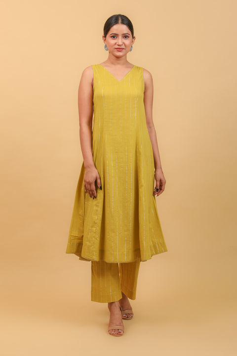 Order Lime Yellow Flared Kurta & Salwar in Cotton With Silver Stripes (Set of 2) - By Vinusto 