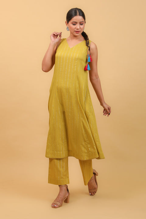 Buy Lime Yellow Flared Kurta & Salwar in Cotton With Silver Stripes (Set of 2) - By Vinusto 