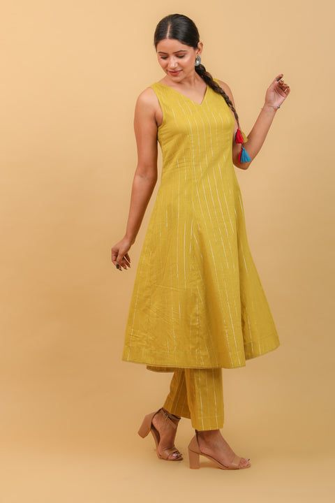 Shop Lime Yellow Flared Kurta & Salwar in Cotton With Silver Stripes (Set of 2) - By Vinusto 