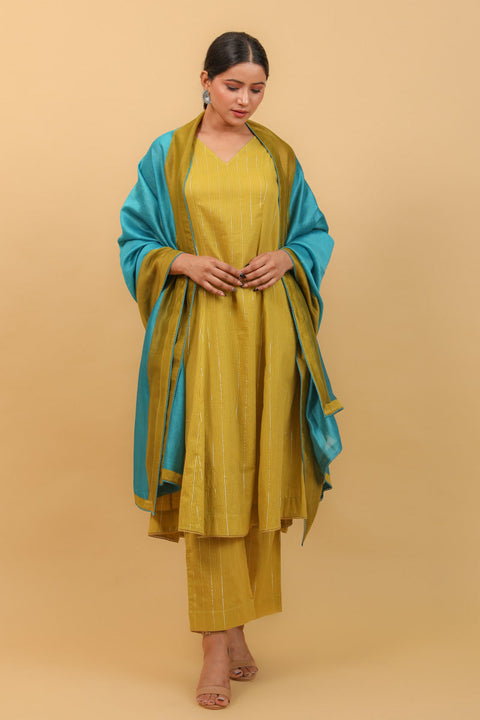 Shop Chanderi Dupatta in Lime Yellow with Aqua Blue Border | Vinusto