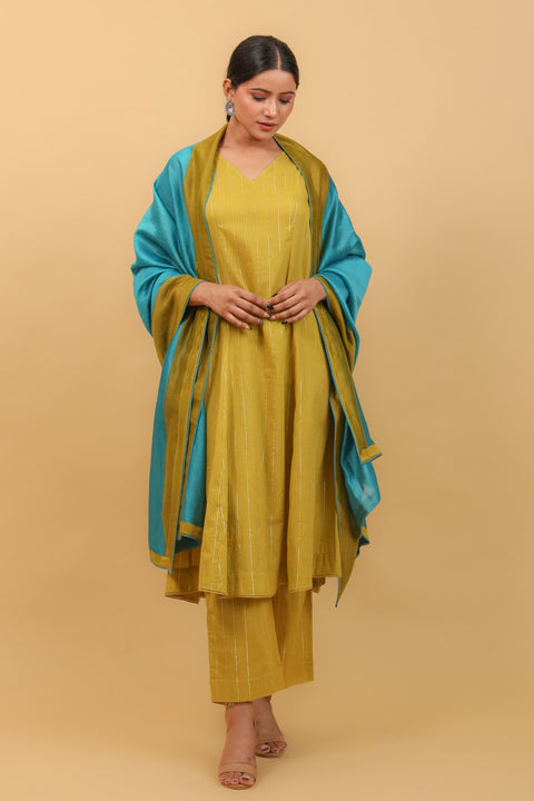 Lime Yellow Flared Kurta & Salwar in Cotton With Silver Stripes (Set of 2)