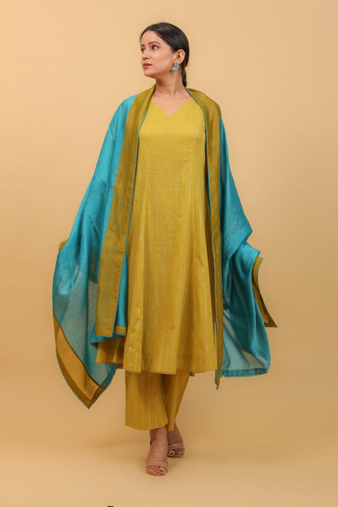 Buy Lime Yellow Cotton Flared Kurta & Salwar, with Aqua Blue Chanderi Dupatta (Set of 3) - By Vinusto 
