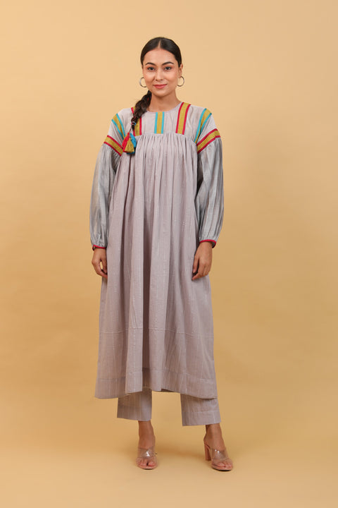 Buy Drop Shoulder Choga with Lace Trims, Pants in Grey Cotton with Silver Stripes (Set of 2) - By Vinusto
