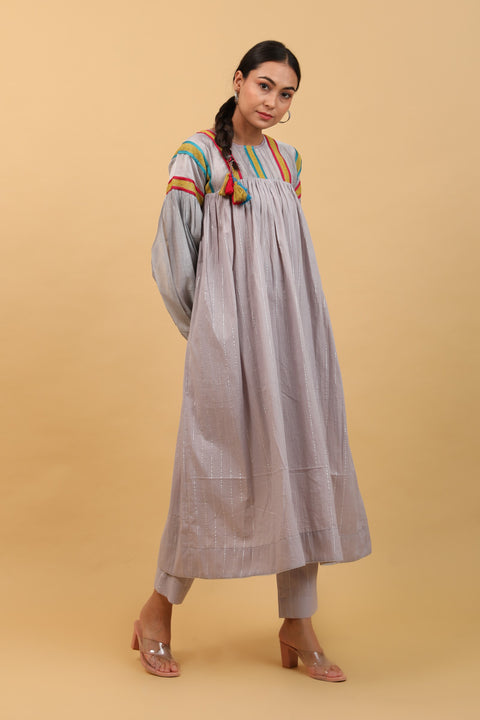 Luxury Drop Shoulder Choga with Lace Trims, Pants in Grey Cotton with Silver Stripes (Set of 2) - By Vinusto
