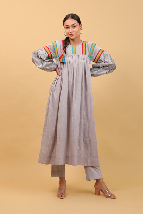 Shop Drop Shoulder Choga with Lace Trims, Pants in Grey Cotton with Silver Stripes (Set of 2) - By Vinusto

