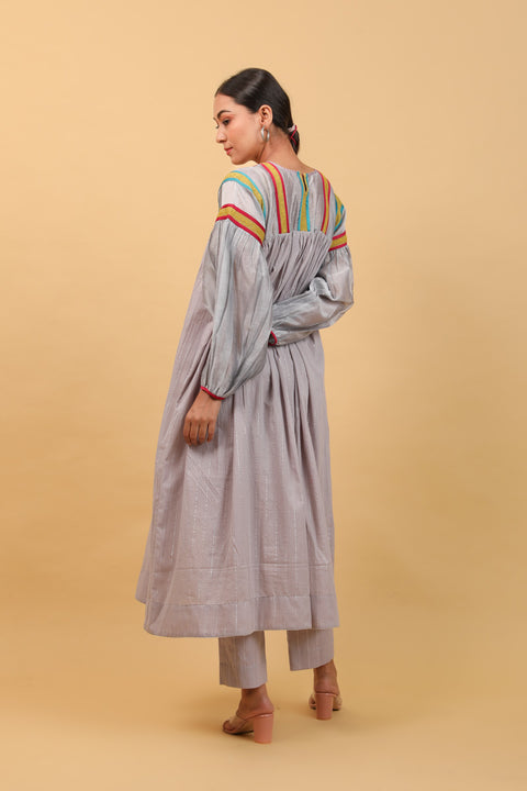 Order Drop Shoulder Choga with Lace Trims, Pants in Grey Cotton with Silver Stripes (Set of 2) - By Vinusto
