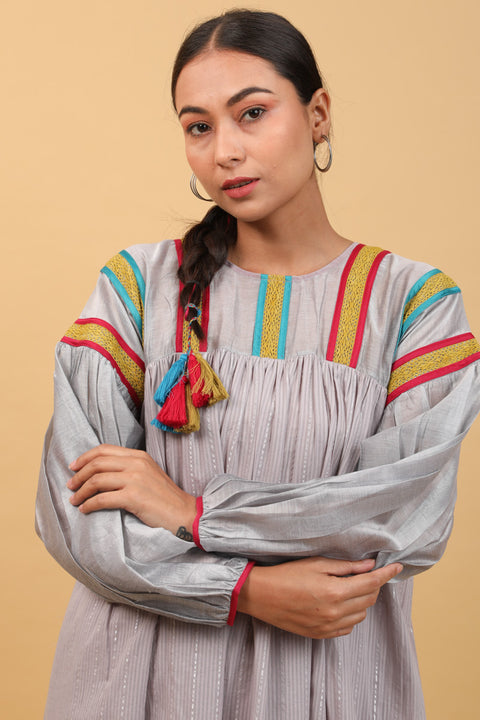 Premium Drop Shoulder Choga with Lace Trims, Pants in Grey Cotton with Silver Stripes (Set of 2) - By Vinusto
