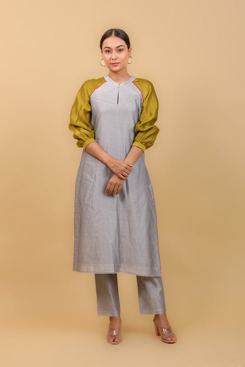 Color Block Raglan Sleeve Kurta Set in Grey & Lime Yellow Chanderi Handloom (Set of 2)