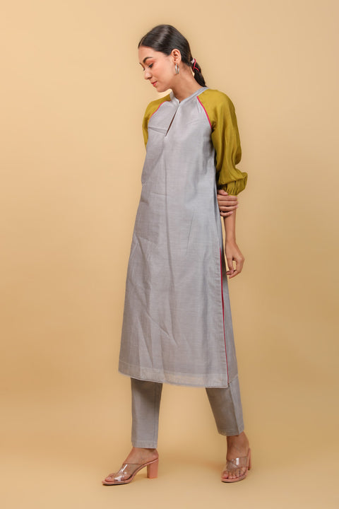 Order Color Block Raglan Sleeve Kurta Set in Grey & Lime Yellow Chanderi Handloom (Set of 2) - By Vinusto 