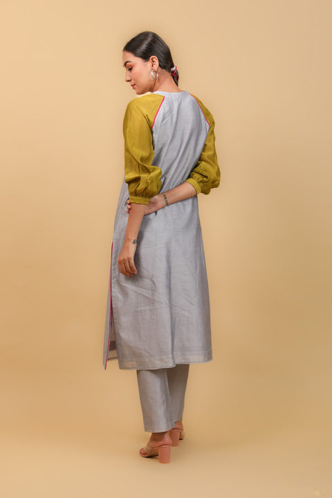 Premium Color Block Raglan Sleeve Kurta Set in Grey & Lime Yellow Chanderi Handloom (Set of 2) - By Vinusto 