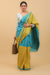 Coordinate Set- Color Block Saree in Lime Yellow, Aqua Blue Cotton with Silver Stripes, Wrap Blouse in Hand Block Print (Set of 2)
