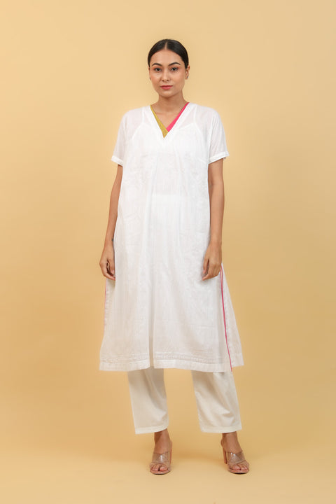 Buy A Line Kimono Sleeves White Cotton Kurta & Salwar With Pink Chanderi Dupatta (Set of 4) - By Vinusto 