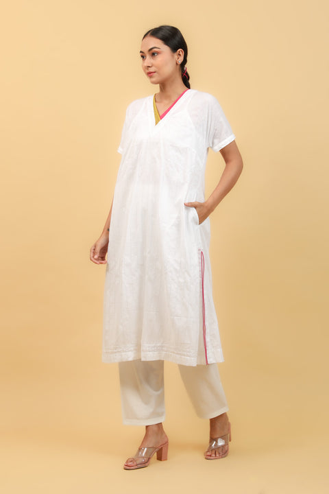 Order A Line Kimono Sleeves White Cotton Kurta & Salwar With Lace Details (Set of 3) - By Vinusto 