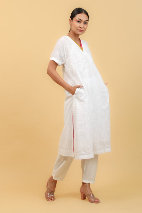 Buy A Line Kimono Sleeves White Cotton Kurta & Salwar With Lace Details (Set of 3) - By Vinusto 