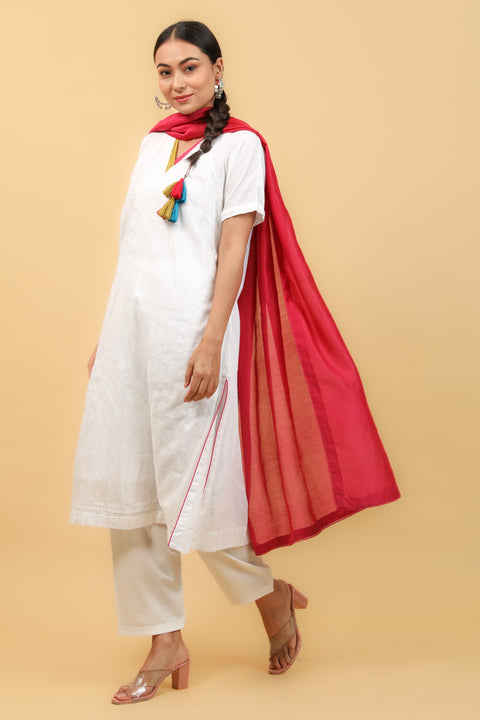 Shop A Line Kimono Sleeves White Cotton Kurta & Salwar With Pink Chanderi Dupatta (Set of 4) - By Vinusto 
