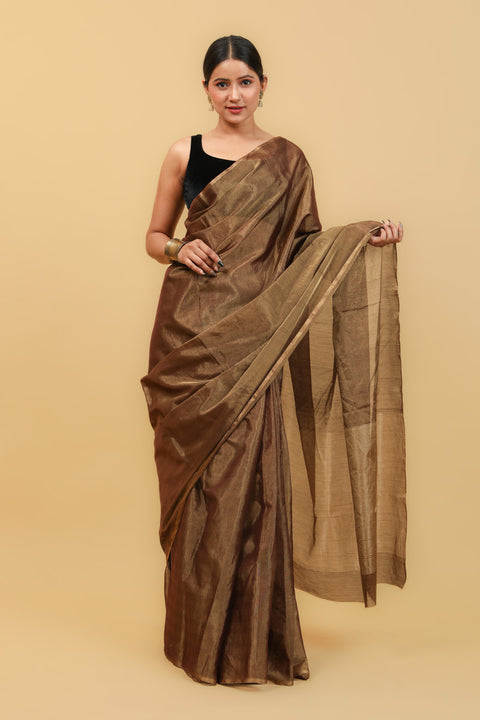 Shop Golden Brown Handwoven Zari Saree - Vinusto

