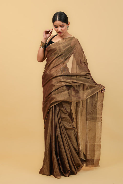 Buy Golden Brown Handwoven Zari Saree - Vinusto

