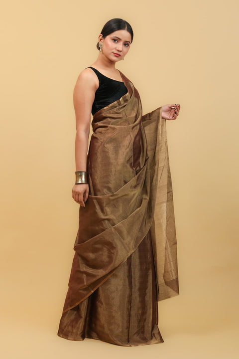 Order Golden Brown Handwoven Zari Saree - Vinusto

