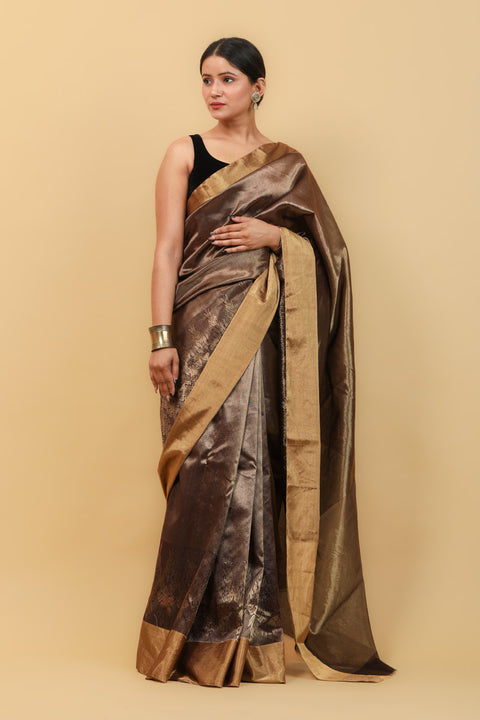 Shop Golden Brown Handwoven Chanderi Saree with Jaal Work - Vinusto

