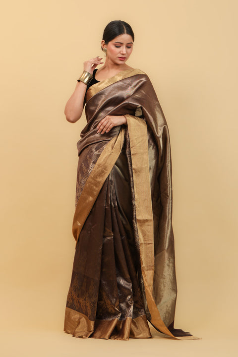 Buy Golden Brown Handwoven Chanderi Saree with Jaal Work - Vinusto

