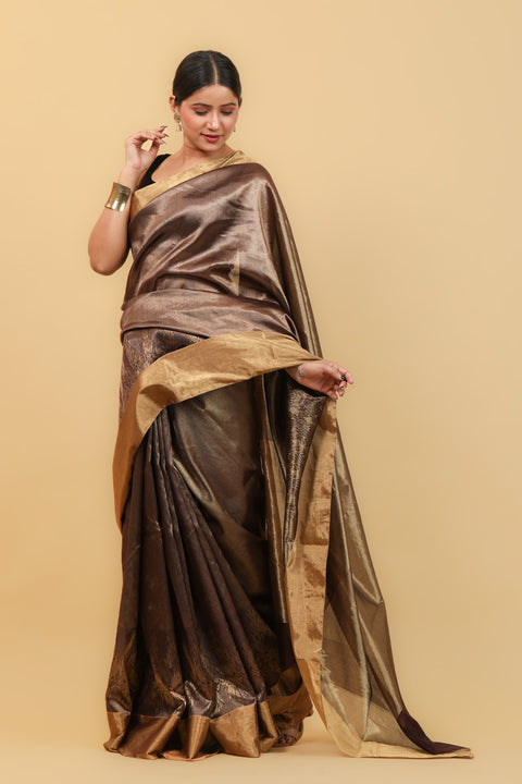 Order Golden Brown Handwoven Chanderi Saree with Jaal Work - Vinusto
