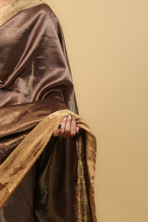 Handcraft Golden Brown Handwoven Chanderi Saree with Jaal Work - Vinusto

