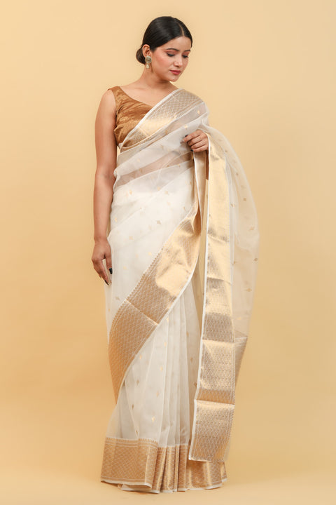 Buy White & Gold Handwoven Katan Silk Saree with Jacquard Border & Motifs - Vinusto

