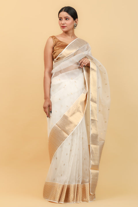 Shop White & Gold Handwoven Katan Silk Saree with Jacquard Border & Motifs - Vinusto

