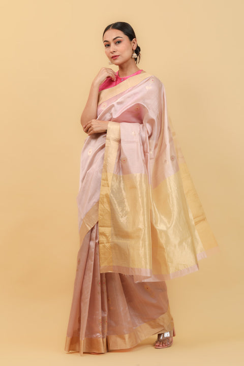 Buy Rose Gold Handwoven Pattu Silk Saree with Meenakari Motifs - Vinusto

