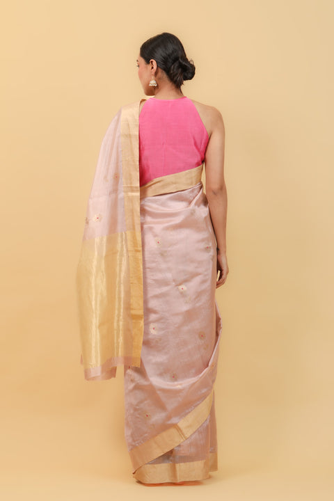 Handcraft Rose Gold Handwoven Pattu Silk Saree with Meenakari Motifs - Vinusto

