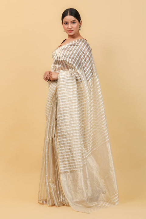 Buy White Handwoven Katan Silk Saree with Silver & Gold Stripes – Elegant and Luxurious

